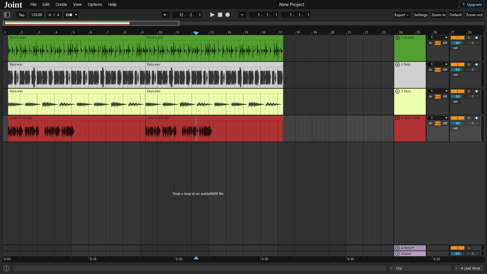 The Joint editor: multitrack timeline with audio clips, mixer and effects, open in a browser