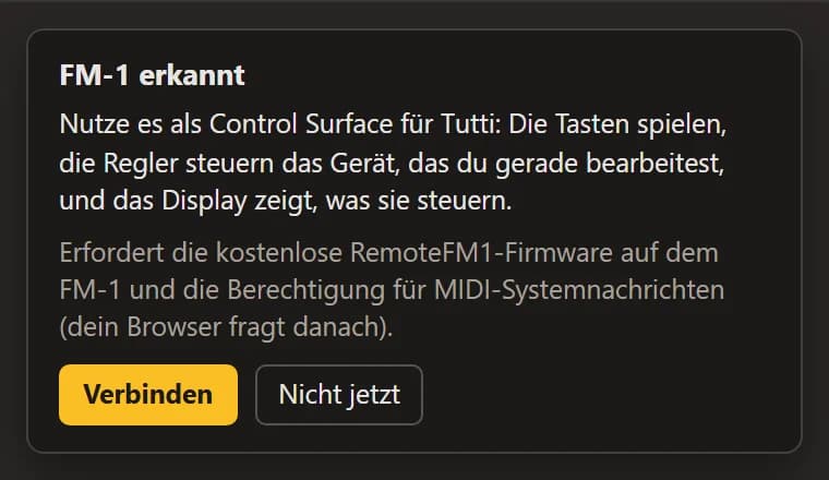 Die Karte „FM-1 erkannt“ mit „Verbinden“ und „Nicht jetzt“.