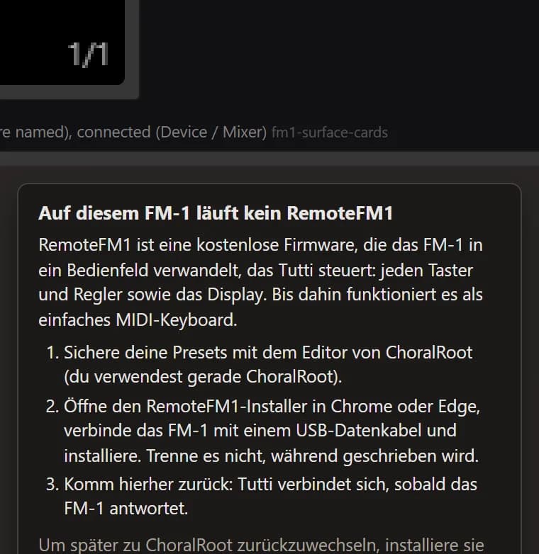 Die Karte für ein FM-1 ohne RemoteFM1: drei Installationsschritte, der Weg zurück, „Installer öffnen“ und „Erneut prüfen“.
