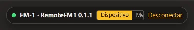 La barra de conexión: FM-1 · RemoteFM1 con su versión, el selector Dispositivo / Mezclador y Desconectar.