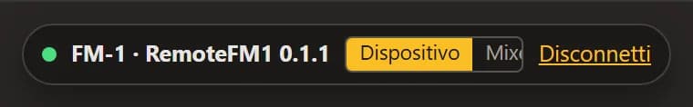 La barra di connessione: FM-1 · RemoteFM1 con la versione, il selettore Dispositivo / Mixer e Disconnetti.