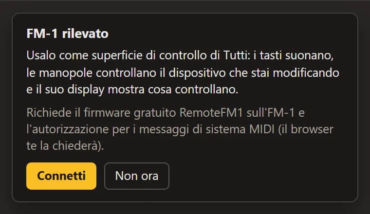La scheda «FM-1 rilevato» con Connetti e Non ora.