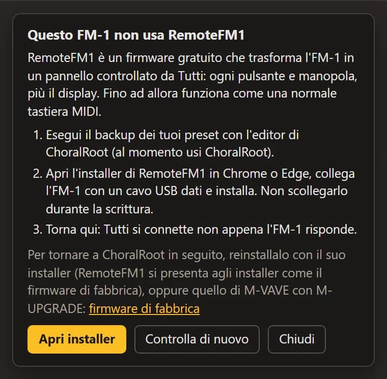 La scheda per un FM-1 che non usa RemoteFM1: tre passaggi di installazione, come tornare indietro, Apri installer e Controlla di nuovo.