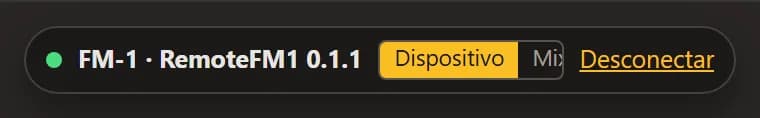 A barra de conexão: FM-1 · RemoteFM1 com a versão, a chave Dispositivo / Mixer e Desconectar.