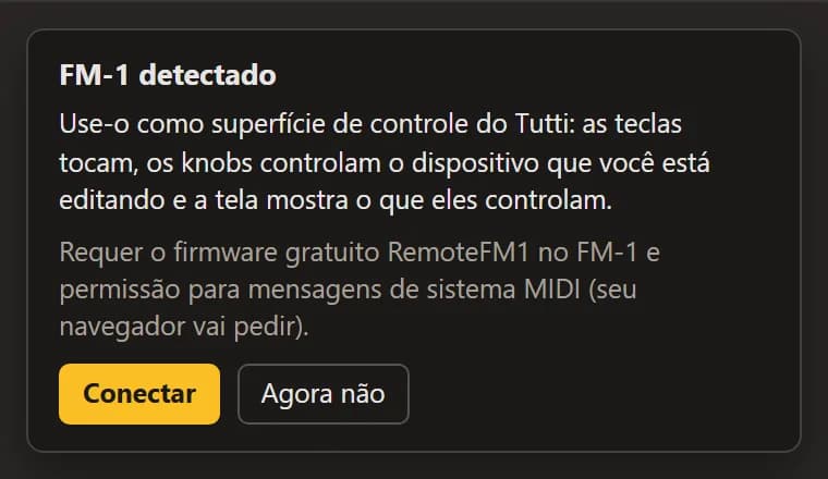 O card “FM-1 detectado” com Conectar e Agora não.