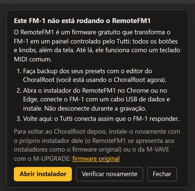 O card de um FM-1 que não está rodando o RemoteFM1: três passos de instalação, como voltar atrás, Abrir instalador e Verificar novamente.