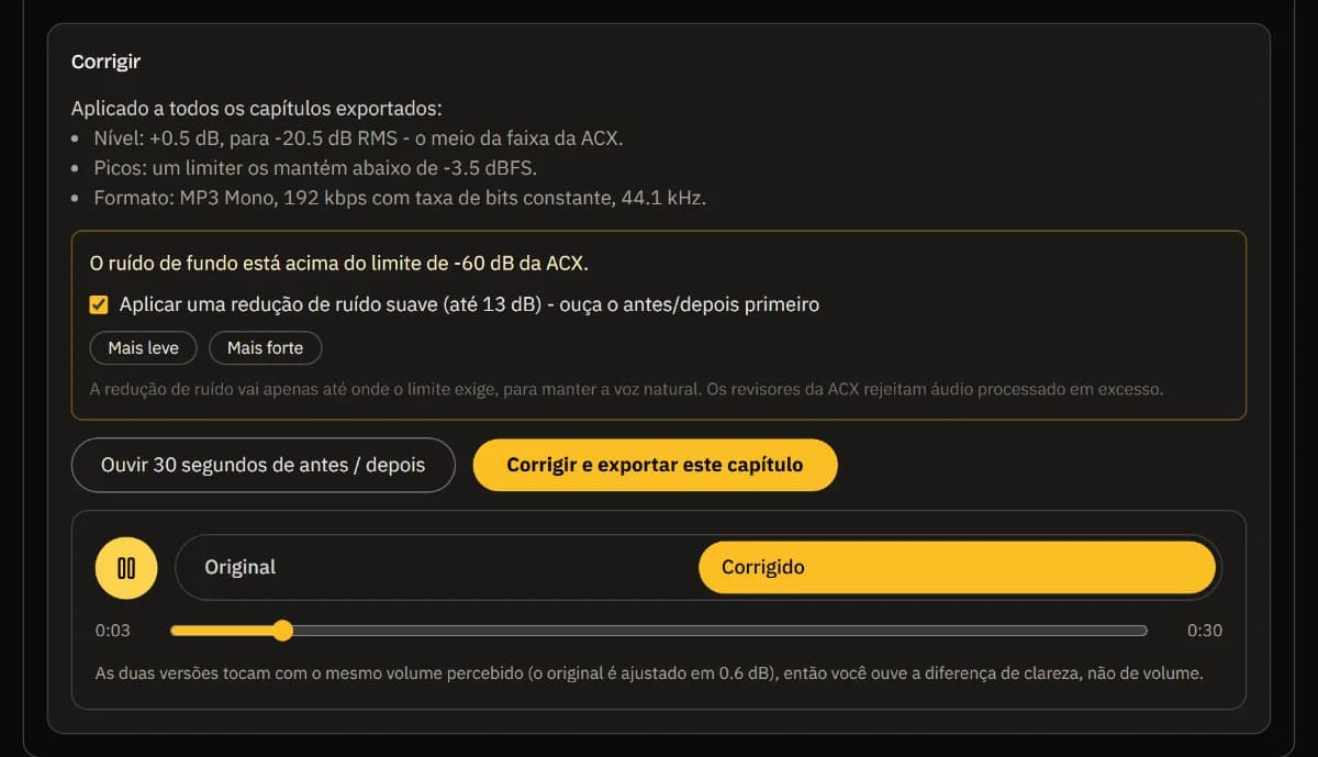 As correções do capítulo 1: nível, limite de pico e formato MP3, a redução de ruído marcada com Mais leve e Mais forte, e o player antes/depois na versão corrigida.