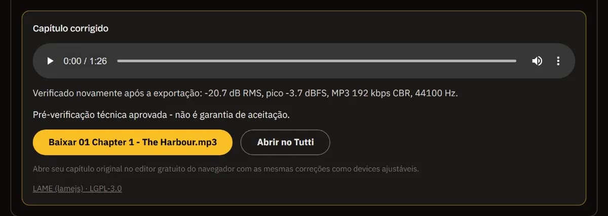 O MP3 corrigido do capítulo 1, verificado de novo em -20.7 dB RMS e pico de -3.7 dBFS, aprovado, com Baixar 01 Chapter 1 - The Harbour.mp3 e Abrir no TuttiDAW.