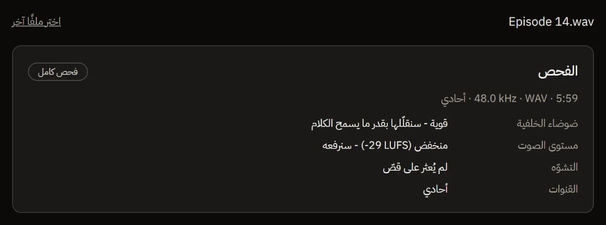 فحص Episode 14.wav (5:59، WAV، 48 kHz، أحادي) بعد المسح الكامل: ضوضاء خلفية قوية، صوت منخفض عند -29 LUFS، لا تشبّع، أحادي.