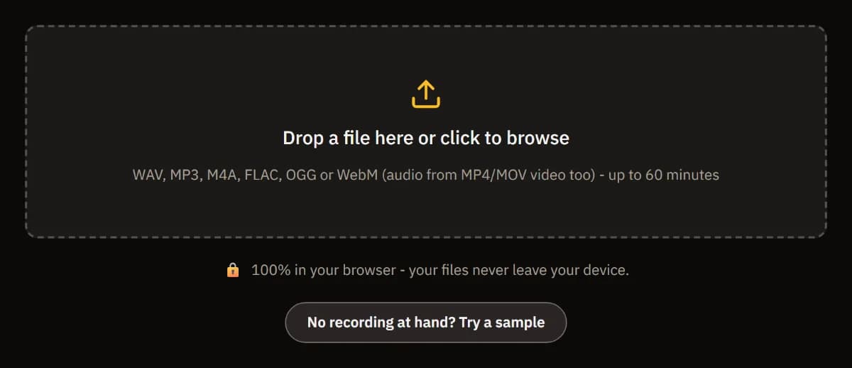 The Clean Up Recording start: a drop zone for WAV, MP3, M4A, FLAC, OGG or WebM up to 60 minutes, the note that files never leave your device, and Try a sample.