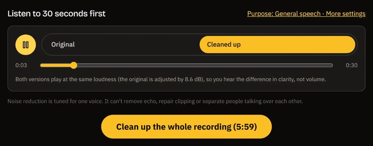 The before/after player playing the Cleaned up side, a note that both play at the same loudness, and the button Clean up the whole recording (5:59).