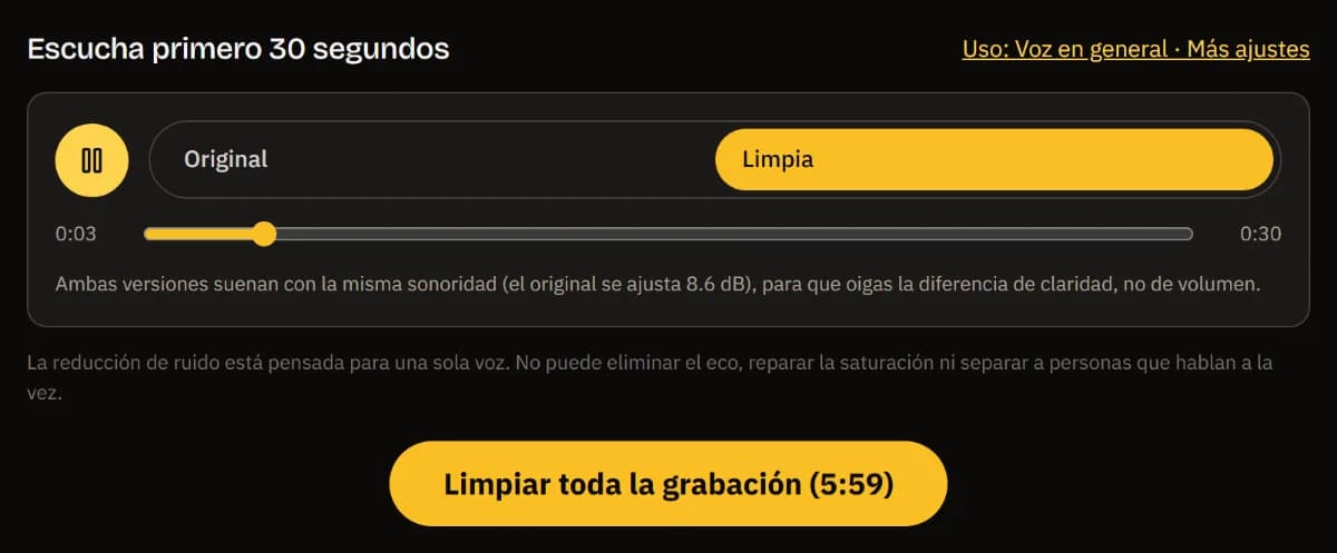 El reproductor antes/después en la versión limpia, el aviso de que ambas suenan igual de fuerte y el botón para limpiar toda la grabación (5:59).