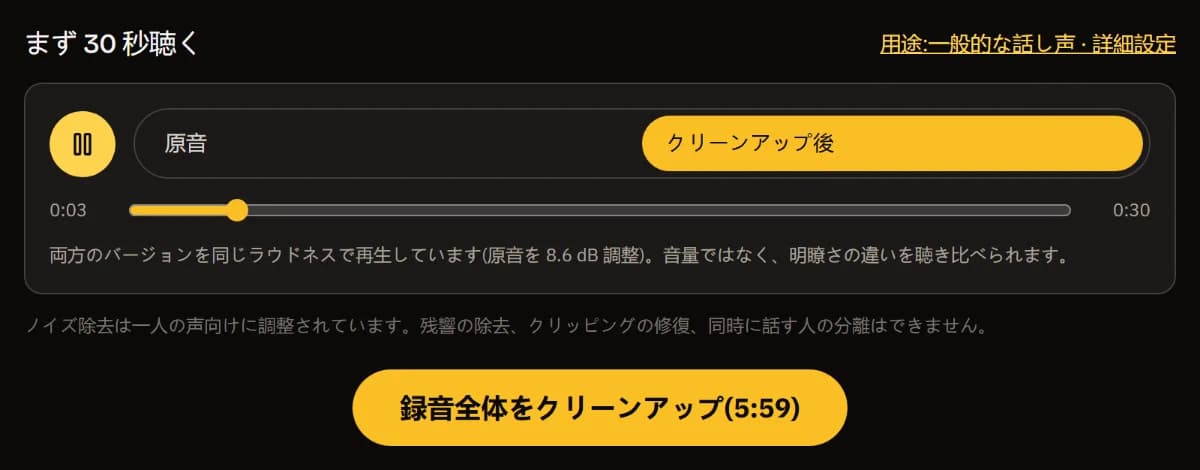 クリーンアップ後を再生中のビフォー/アフター・プレーヤー、同じラウドネスで再生している旨の表示、録音全体 (5:59) をクリーンアップするボタン。