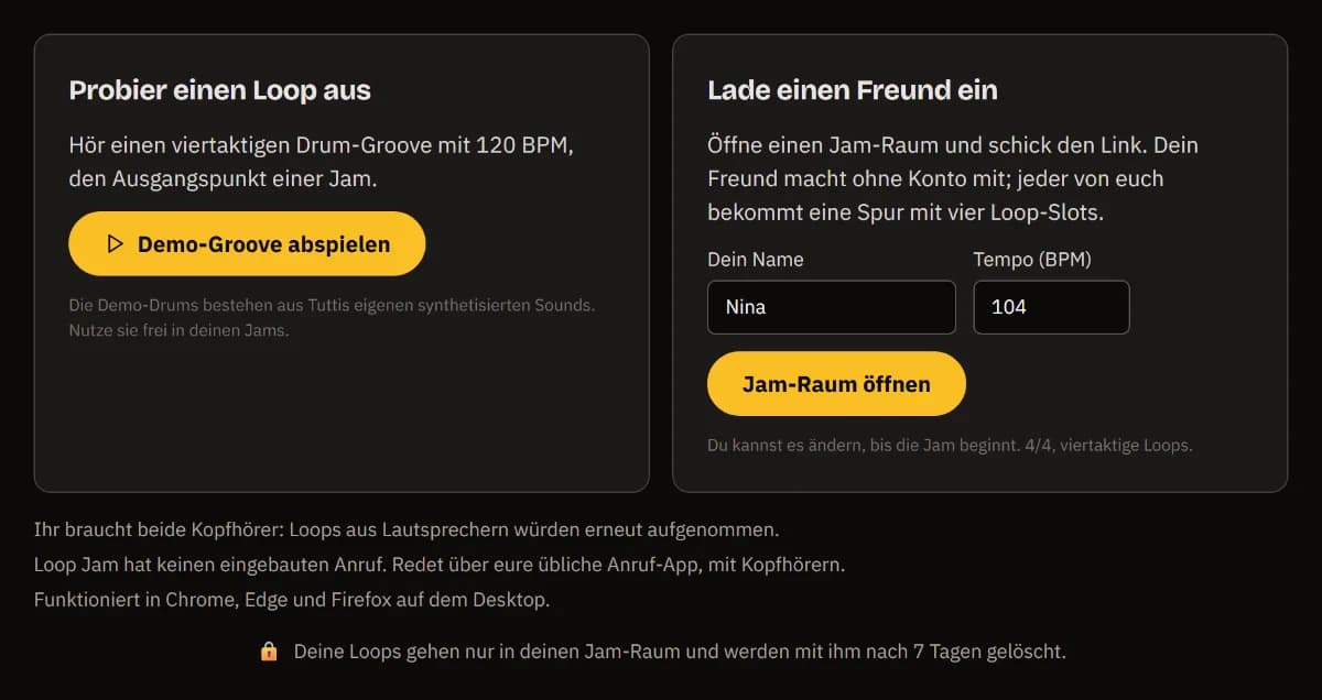 Die Loop-Jam-Startseite: Loop ausprobieren mit Demo-Groove abspielen, und Freund einladen mit dem Namen Nina, 104 BPM und Jam-Raum öffnen.