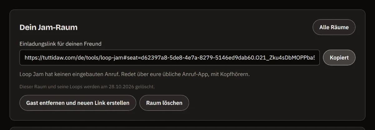 Dein Jam-Raum: der kopierte Einladungslink für deinen Freund, das Datum, an dem der Raum gelöscht wird, und die Tasten, um einen neuen Link zu erstellen oder den Raum zu löschen.