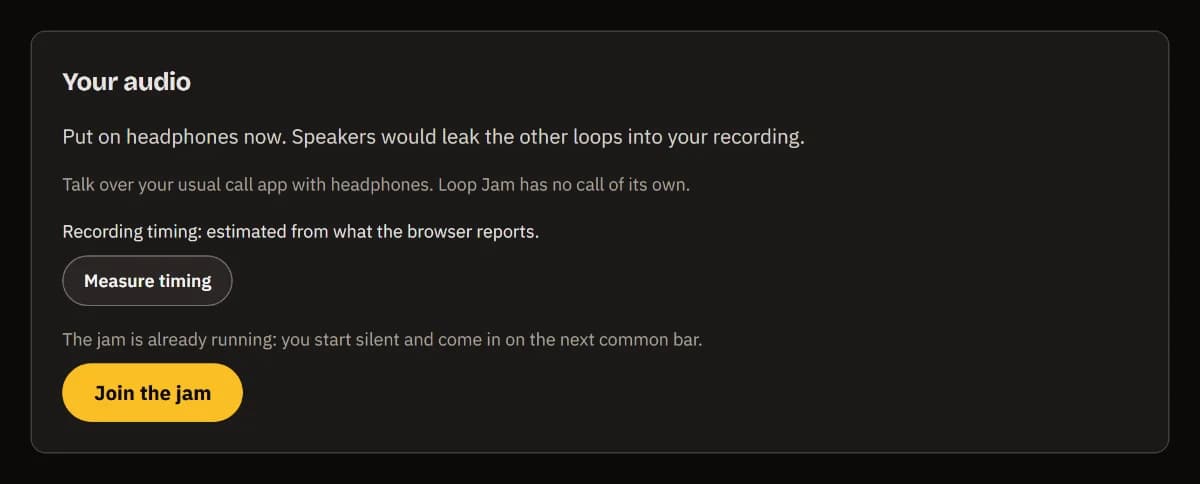 Your audio: the headphones reminder, the recording timing estimate with Measure timing, and Join the jam.