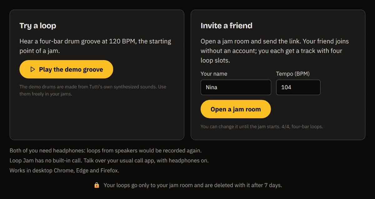 The Loop Jam start page: Try a loop with Play the demo groove, and Invite a friend with the name Nina, 104 BPM and Open a jam room.