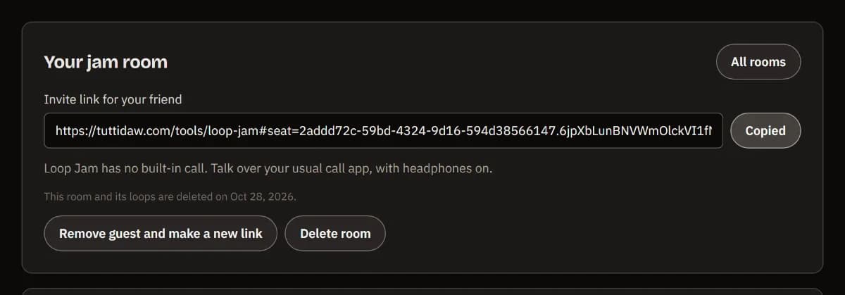 Your jam room: the invite link for your friend, copied, the date the room is deleted, and the buttons to make a new link or delete the room.