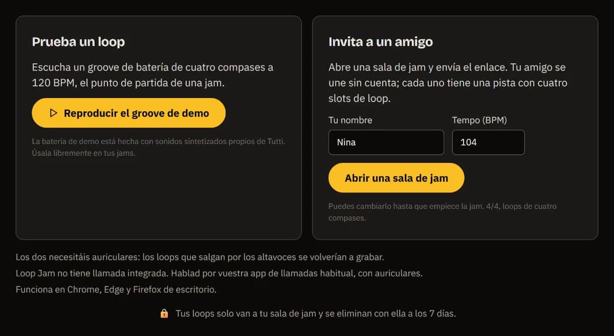 La página de inicio de Loop Jam: Prueba un loop con Reproducir el groove de demostración, e Invita a un amigo con el nombre Nina, 104 BPM y Abrir una sala de jam.