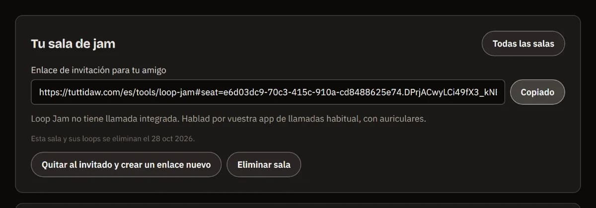 Tu sala de jam: el enlace de invitación para tu amigo, copiado, la fecha en que se elimina la sala y los botones para crear un enlace nuevo o eliminar la sala.