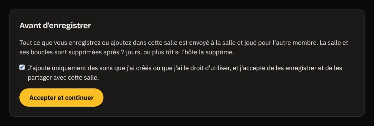 Avant d'enregistrer : ce qui est partagé et quand c'est supprimé, la case des droits cochée, et Accepter et continuer.