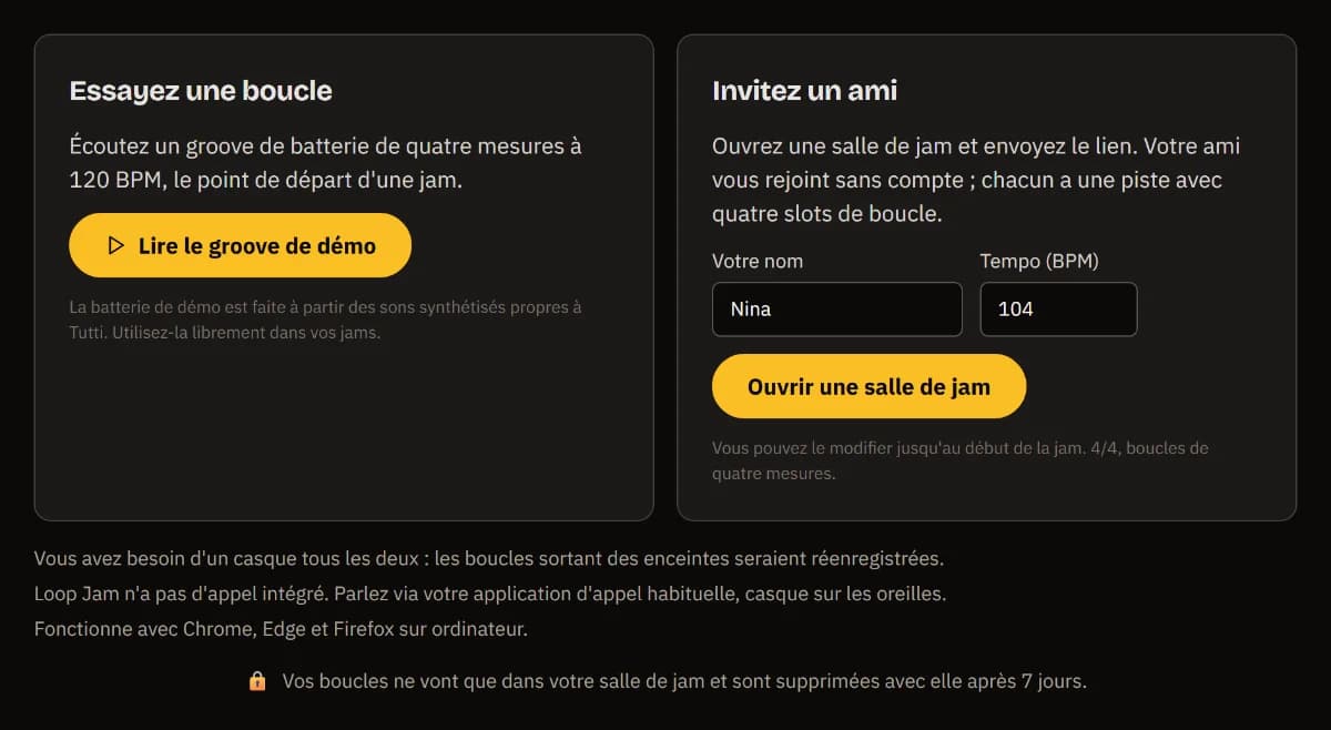 La page d'accueil de Loop Jam : Essayer une boucle avec Lire le groove de démo, et Inviter un ami avec le nom Nina, 104 BPM et Ouvrir une salle de jam.