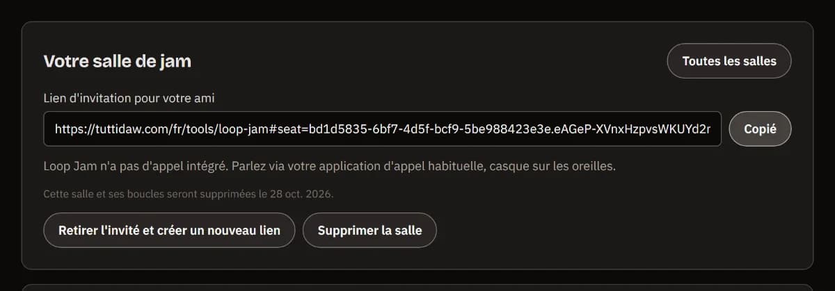 Votre salle de jam : le lien d'invitation pour votre ami, copié, la date de suppression de la salle, et les boutons pour créer un nouveau lien ou supprimer la salle.