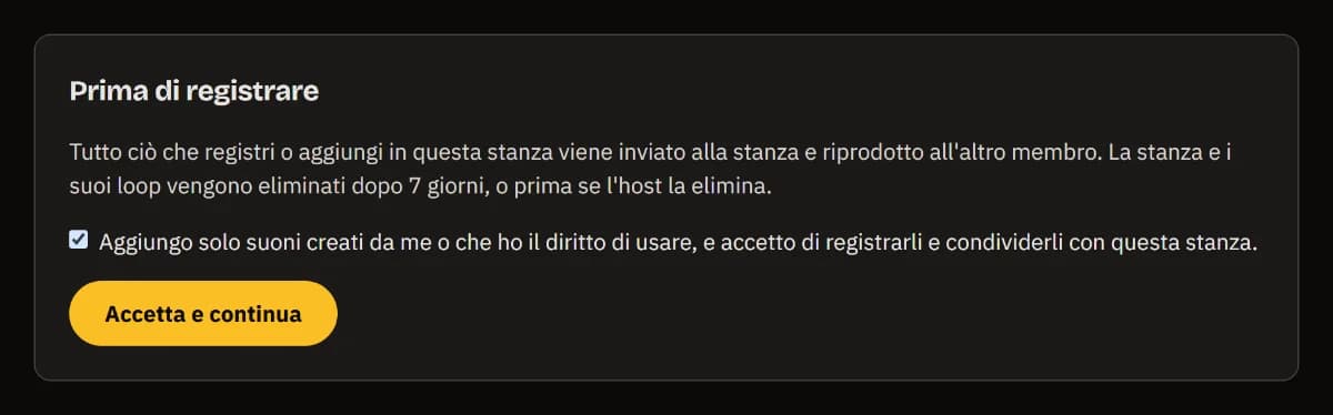 Prima di registrare: cosa viene condiviso e quando viene eliminato, la casella dei diritti spuntata e Accetta e continua.