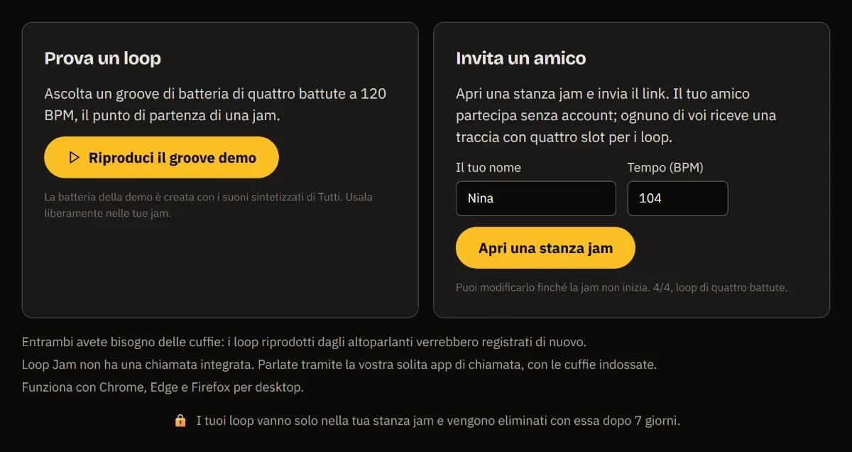 La pagina iniziale di Loop Jam: Prova un loop con Riproduci il groove demo, e Invita un amico con il nome Nina, 104 BPM e Apri una jam room.