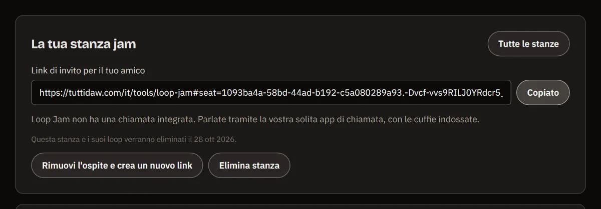 La tua jam room: il link di invito per il tuo amico, copiato, la data in cui la stanza verrà eliminata e i pulsanti per creare un nuovo link o eliminare la stanza.