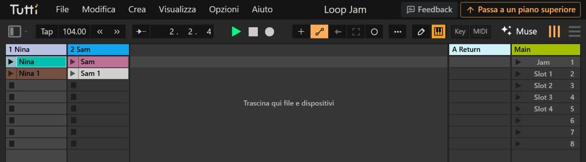 La Session View di TuttiDAW con le tracce di Nina e Sam, i loro loop come clip e le scene Jam e da Slot 1 a 4.