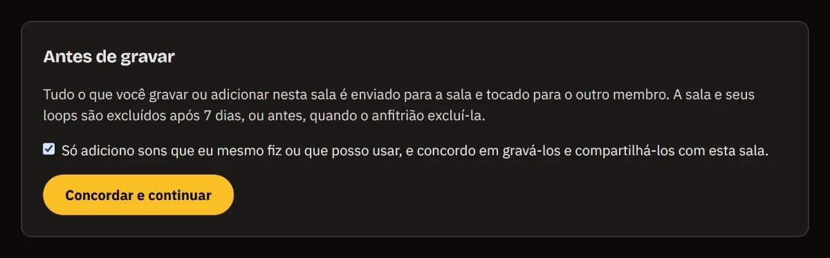 Antes de gravar: o que é compartilhado e quando é excluído, a caixa de direitos marcada e Concordar e continuar.