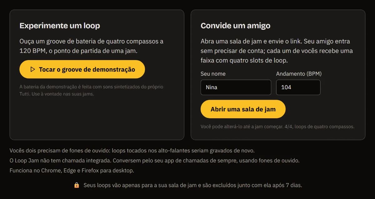 A página inicial do Loop Jam: Experimente um loop com Tocar o groove de demonstração, e Convide um amigo com o nome Nina, 104 BPM e Abrir uma sala de jam.