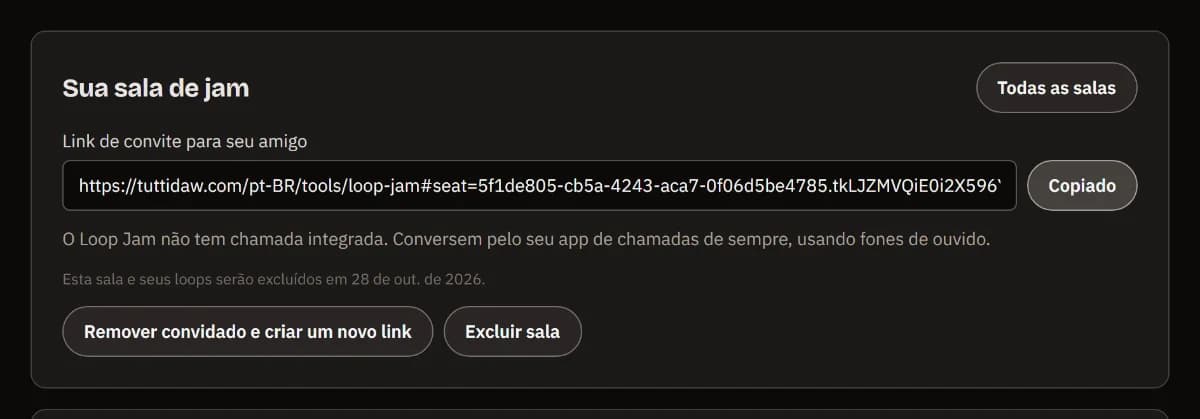 Sua sala de jam: o link de convite para seu amigo, copiado, a data em que a sala será excluída e os botões para criar um novo link ou excluir a sala.