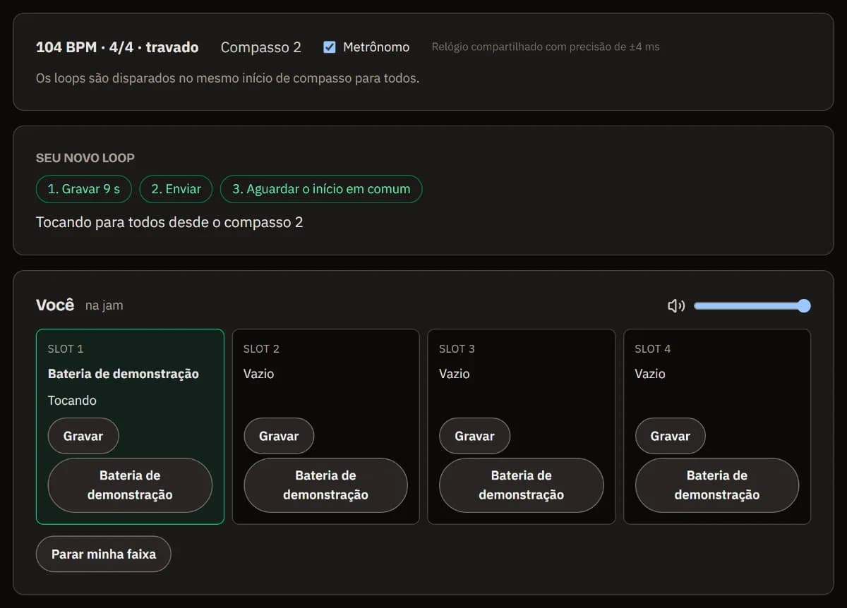 A jam em andamento a 104 BPM: o slot 1 do anfitrião contém a bateria de demonstração, tocando para todos.