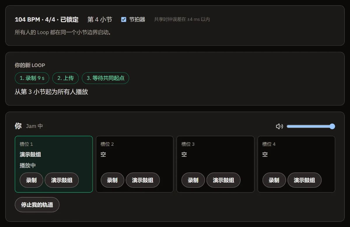 以 104 BPM 进行中的即兴：主持人的槽位 1 中是演示鼓，正在为所有人播放。