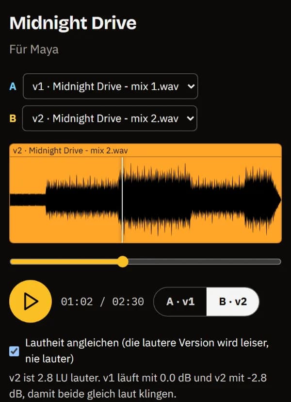 Das Review von Midnight Drive auf dem Handy: A/B-Versionsauswahl, Wellenform, Abspielen, A/B-Umschalter und der Hinweis zur Lautheitsanpassung.