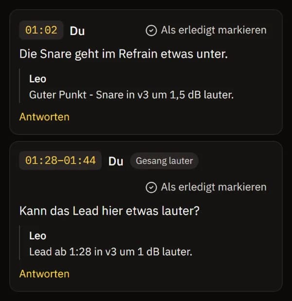 Zwei Notizen, jeweils mit der Antwort von Engineer Leo darunter.