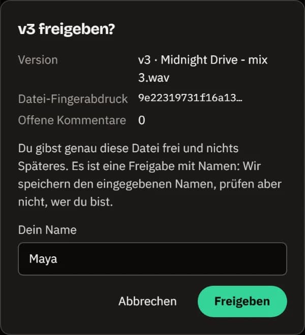 Der Dialog v3 freigeben?: die Version, ihr Datei-Fingerabdruck, 0 offene Kommentare und der Name Maya.