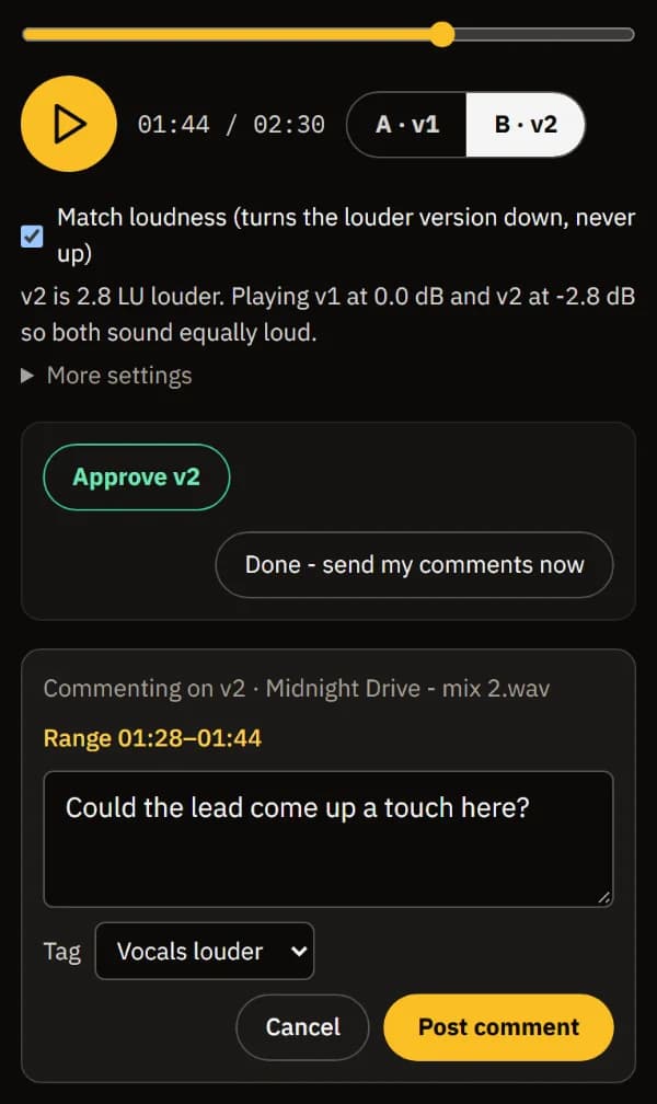 A note over 01:28-01:44 on v2 with the tag Vocals louder, ready to post.