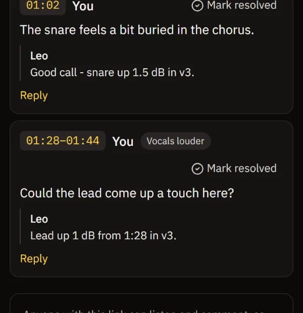 Two notes, each with the engineer Leo's reply under it.