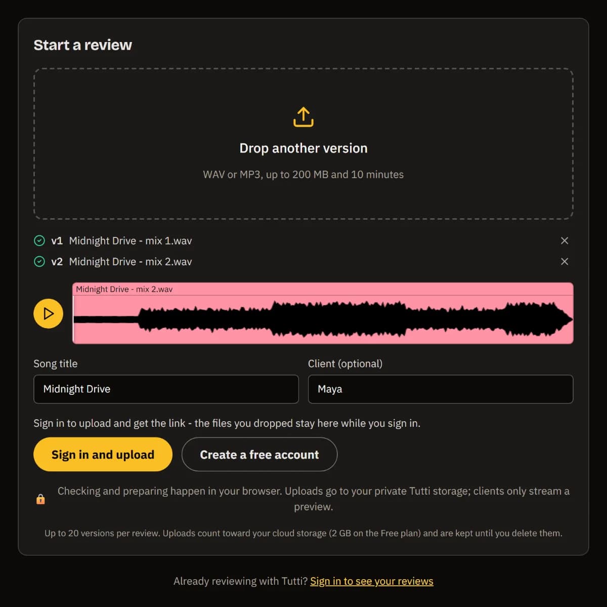 Start a review with two mixes of Midnight Drive dropped, a waveform preview, the song title and client Maya, and Sign in and upload.