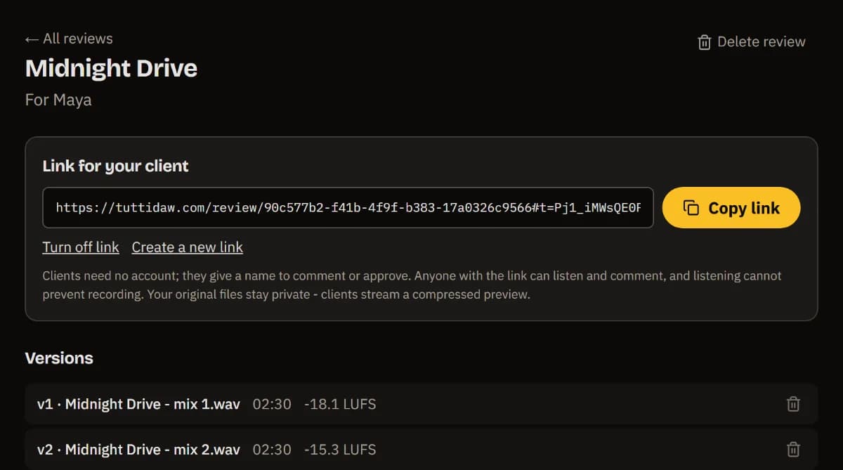 The review page of Midnight Drive for Maya: the client link with Copy link, and versions v1 and v2 with their length and LUFS.