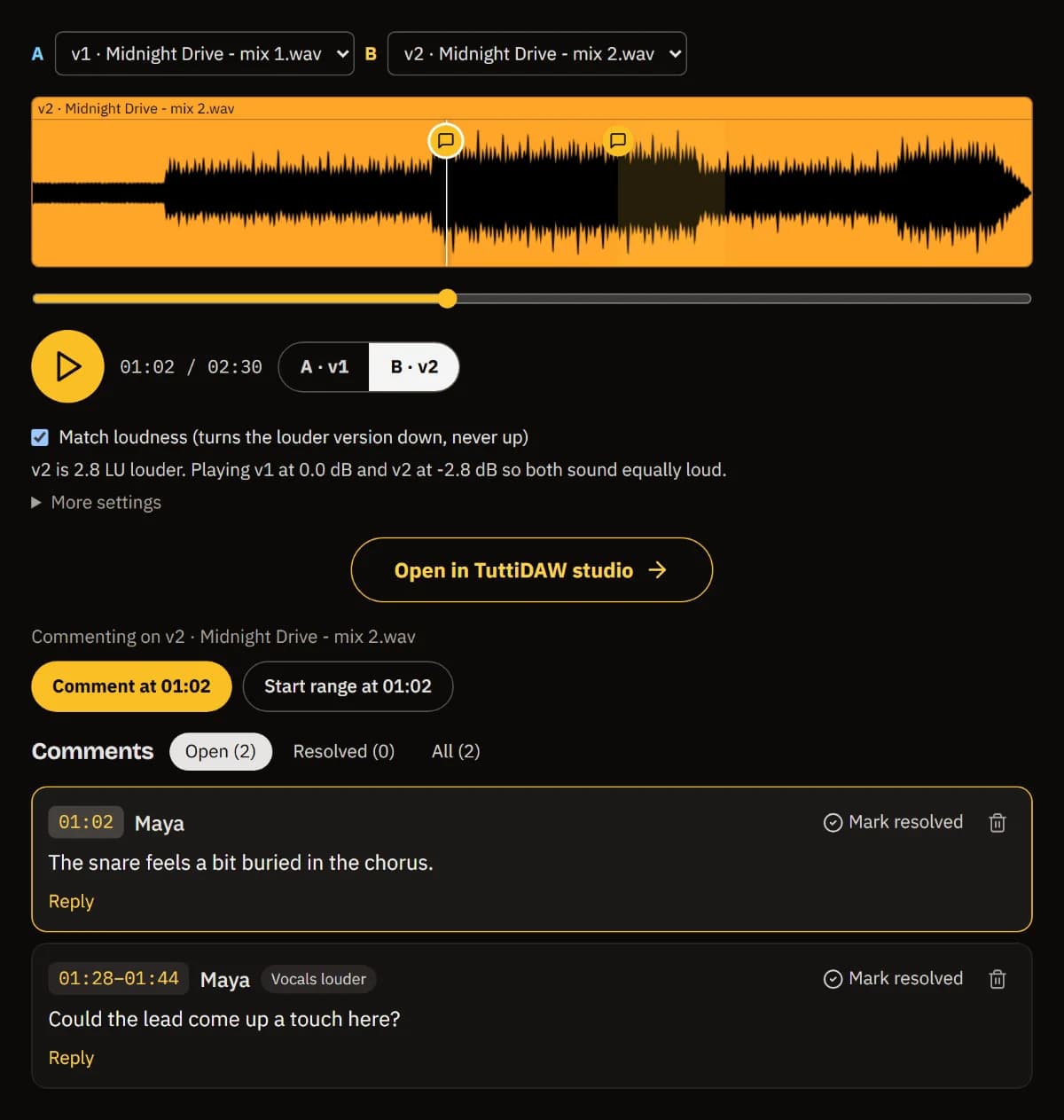 v1 and v2 compared A/B with matched loudness, two comment markers on the waveform, and Maya's notes at 01:02 and 01:28-01:44.