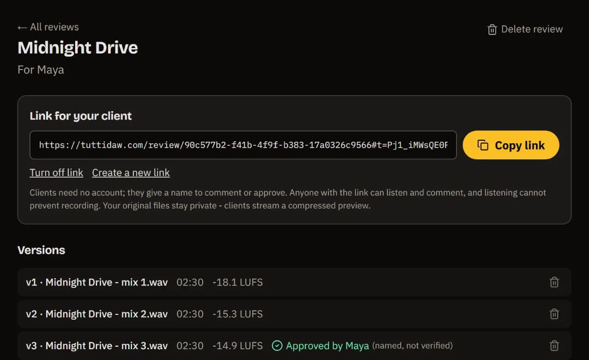 Versions v1 to v3, with v3 approved by Maya.
