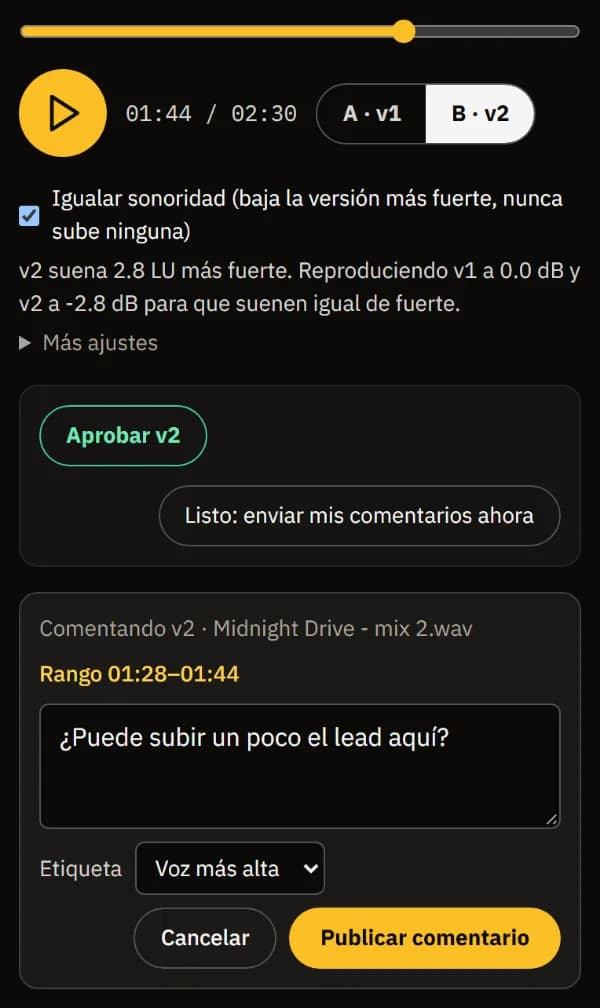 Una nota sobre 01:28-01:44 de la v2 con la etiqueta Voz más alta, lista para publicar.