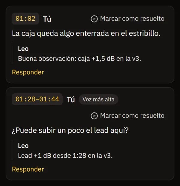 Dos notas, cada una con la respuesta del ingeniero Leo debajo.