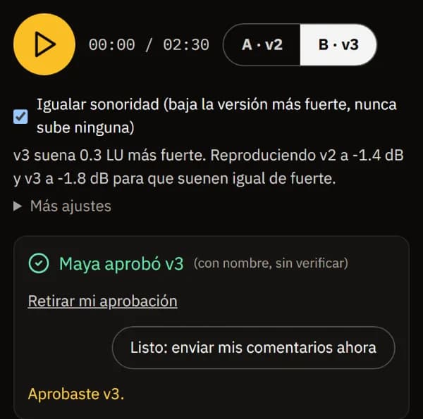 Maya aprobó la v3, con Retirar mi aprobación.