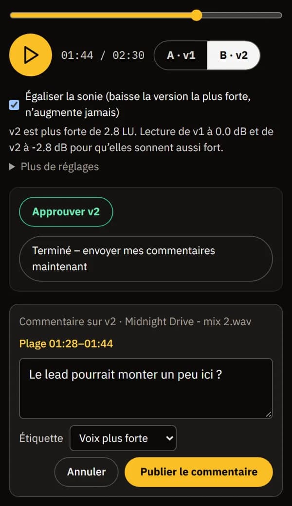Une note sur 01:28-01:44 de la v2 avec le tag Voix plus forte, prête à être publiée.