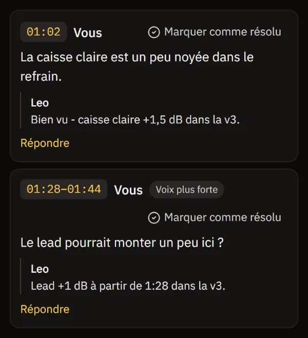 Deux notes, chacune avec la réponse de l'ingé son Leo en dessous.